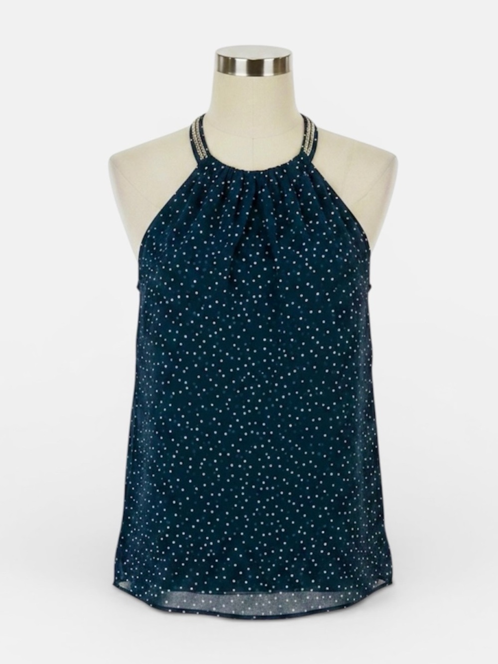 Calvin Klein Deep Royal Navy Blue Polka Dot Cutaway Halter Top